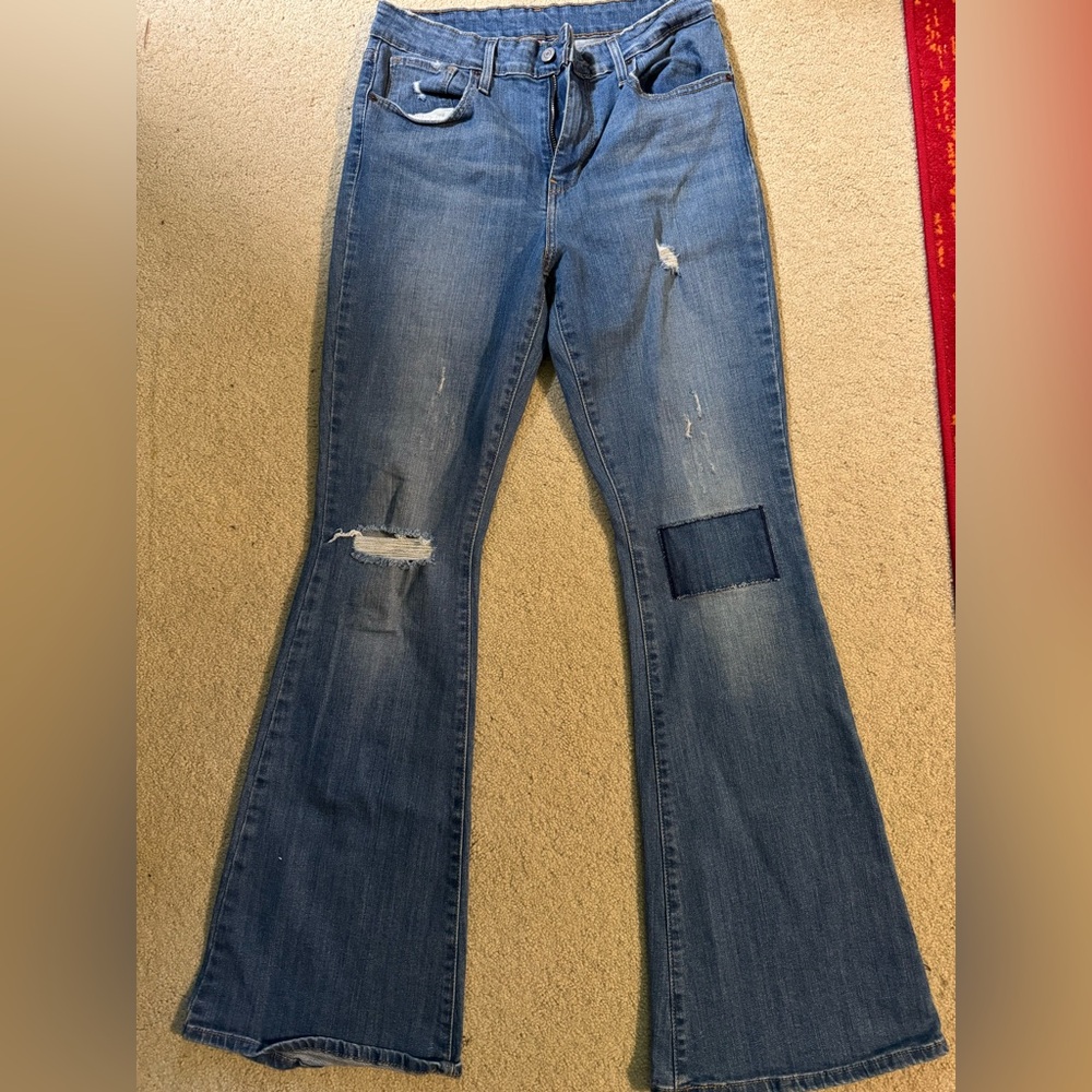 Levi's Blue Flare High Waist Wide Leg Jeans with Distressed Details